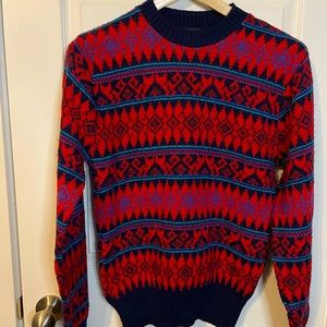 VTG 80s Iredell County red & blue knit sweater w/ hidden cat design sz L